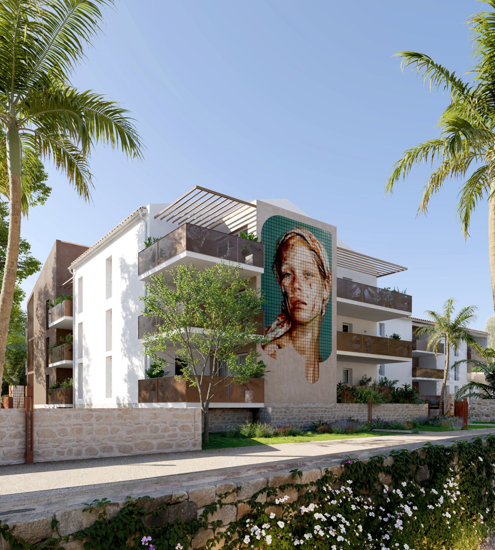 Perspective de Villa Emilia avec la fresque en azulejos de Hopare sur la façade