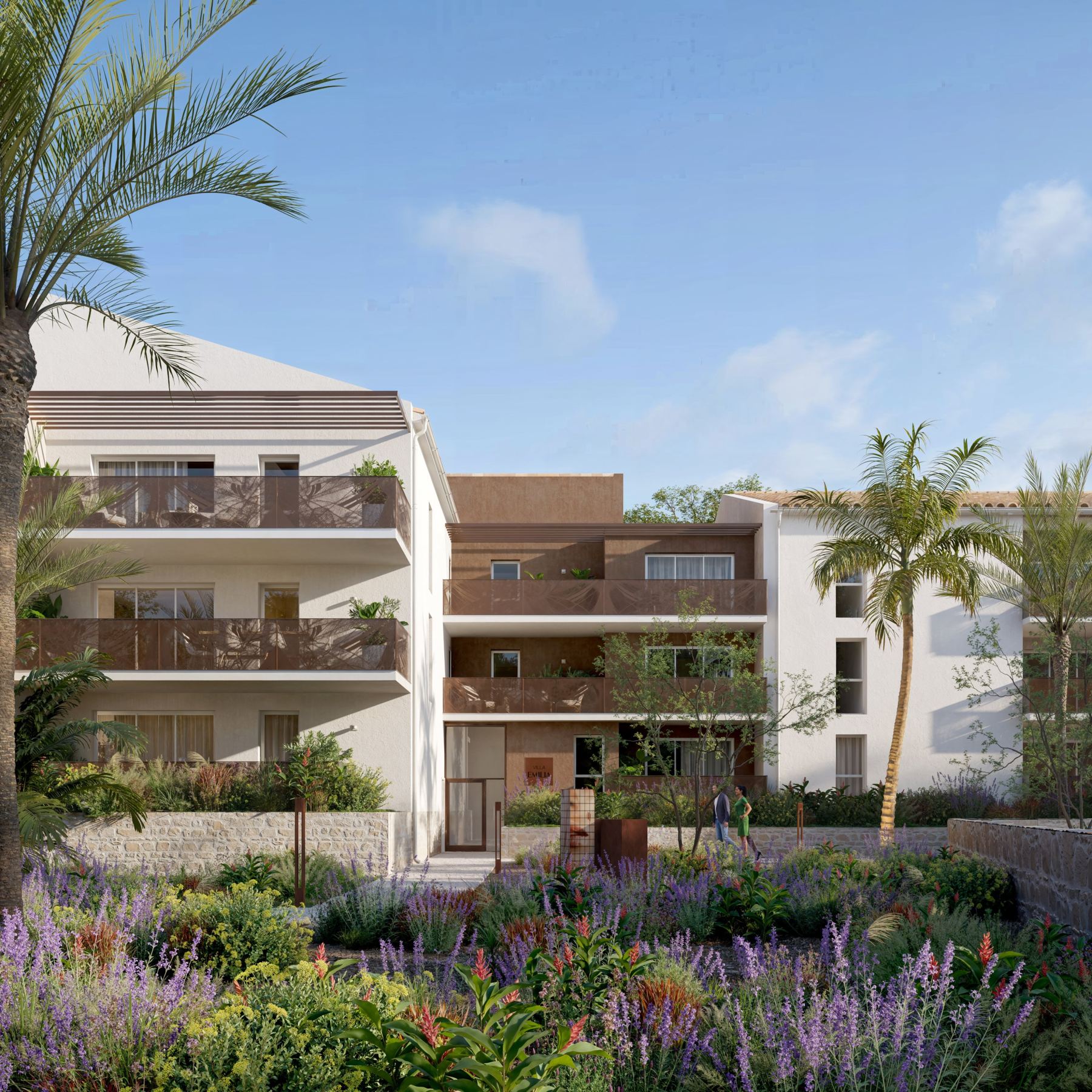Perspective du cœur d'îlot végétalisé de Villa Emilia, entrée de la résidence et terrasses
